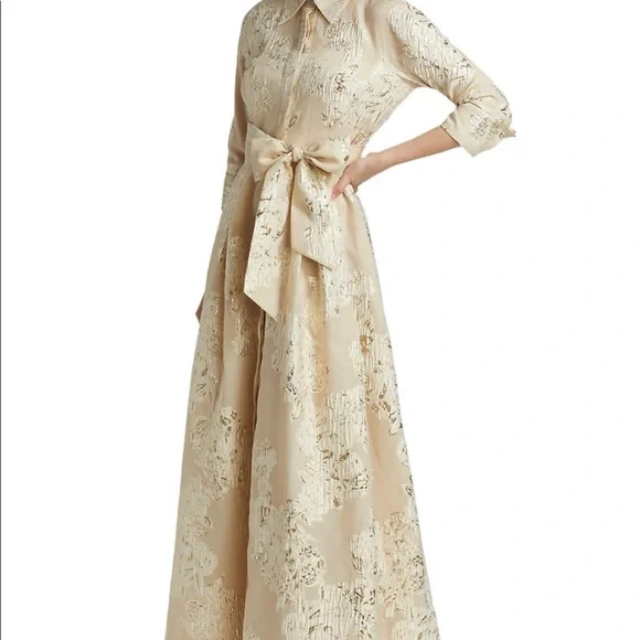 Teri Jon by Rickie Freeman Metallic Jacquard Shirt Waist Gown - Picture 3 of 5